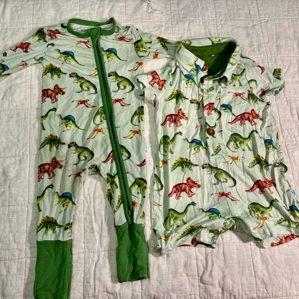Posh Peanut Green Dinosaur Print Onesie and Romper Set